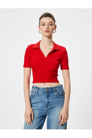 Koton Crop Tişört Basic Polo Yaka Kısa Kollu Kırmızı 4sak50636ek Kırmızı