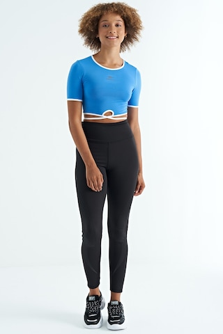 Tommy Life Saks Bel Bağlama Detaylı O Yaka Standart Kalıp Dalgıç Kumaş Kadın Crop T-shirt - 97266 Saks