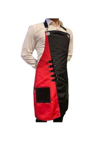 Çift Renkli Askılı Micropolyester Deri Cepli Önlük Cafe Chef Restoran Kuaför Önlük Modeli Kırmızısiyah