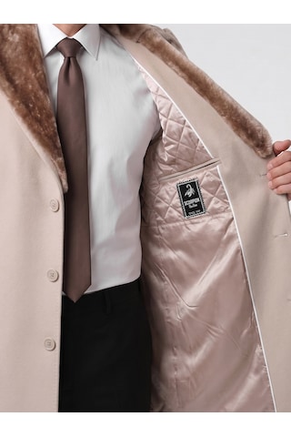 Plus Scorpion Erkek Uzun Kaşe Kaban Çıkartılabilir Kürk Yaka, Astarlı Ve Cepli Slim Fit Mont Bej