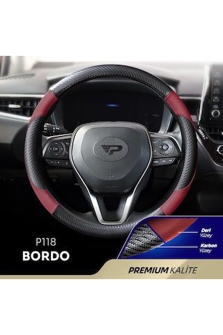 Panda Oto Direksiyon Kılıfı - Deri / Karbon-bordo