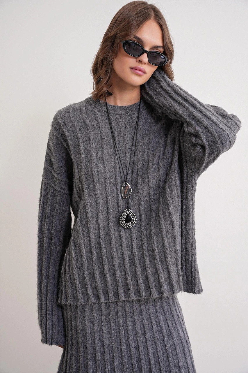 6960 Kadın Saç Örgülü Yumuşak Dokulu Triko Alt Üst Takım Antrasit Antrasit