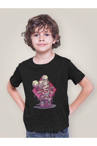 Sevbano Harley Quinn Joker Baskılı Unisex Film Karakteri Çocuk Tişört 1- Siyah