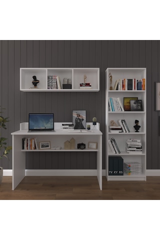 Asra Trend Çalışma Masası Seti ÇMT001 %100 MDF Kitaplıklı Raflı Ofis Takımı Beyaz