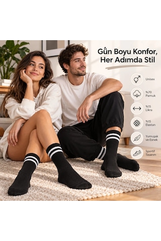 Womanandkids Wak Unisex Siyah Çorap Beyaz Çizgili 12'li Set Uzun Soket Günlük Spor Kolej Stil Kadın Erkek Çorabı