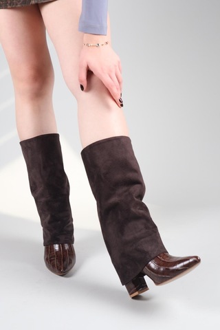 Selora Süet-kroko Garnili Topuklu Çizme Kahverengi-8554 Kahverengi