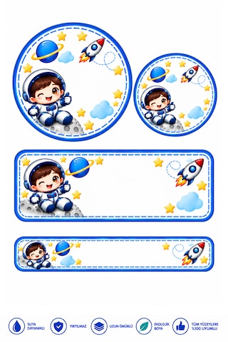 Astronot Okul Etiketi Kalem Defter Özel İsim Yazılabilen Sticker Çok Renkli
