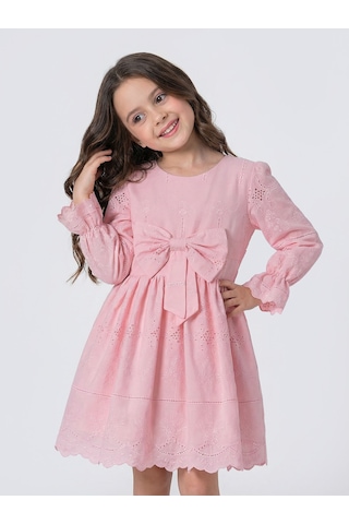 Pina Kids Kız Çocuk Uzun Kollu Önü Kurdelalı Fisto Elbise Pembe
