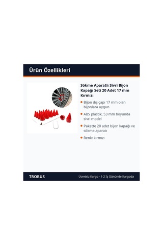 Trobus Sökme Aparatlı Sivri Bijon Kapağı Seti 20 Adet 17 Mm Kırmızı