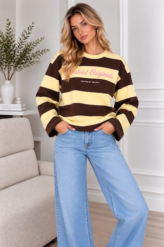 Lima Sarı Kadın Çizgili Oversize Sweatshirt Bisiklet Yaka Baskılı Uzun Kollu Sweat