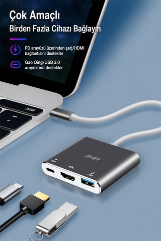 Type-c Hdmı Usb 3.0 Pd Hub Adaptör, 3ü 1 Arada Çoklayıcı, 4k Görüntü Aktarımı, 65w Pd Hızlı Şarj, Macbook Laptop Telefon Uyumlu, Alüminyum Gövde Z330