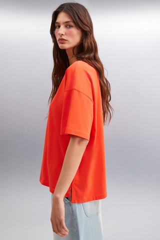 GRIMELANGE Jemmy Kadın %100 Organik Pamuk Relaxed Fit Yırtmaçlı Yuvarlak Yakalı Kırmızı T-shirt Kırmızı