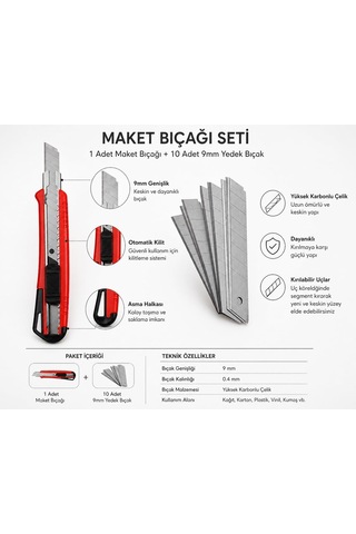 Mini Falçata Seti 9mm Maket Bıçağı + 10 Adet Yedek Bıçak Küçük Boy Kesici Falçata Hassas Kesim Karton Kağıt Plastik Kesme Bıçağı Asorti Renk