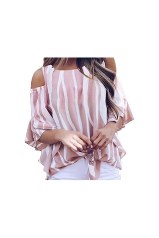 Kadın Gömlek Yuvarlak Yaka Askısız Bol Dikey Çizgili Günlük Üst Pembe