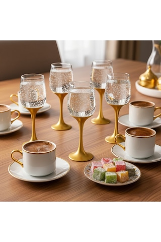 Alfafe Home Gold Ayaklı Cam Su Ve Meşrubat Kadehi 6 Lı Set Lüks Sofra Takımı, Şık Servis Bardağı Altın