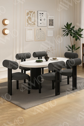 Avvio Verona Bohem Ayak 6'lı Metal Pofi Demonte Sandalye 80x160 Masa Sandalye Takımı Beyaz Masa Sandalye Siyahkumaş Antrasit Gri