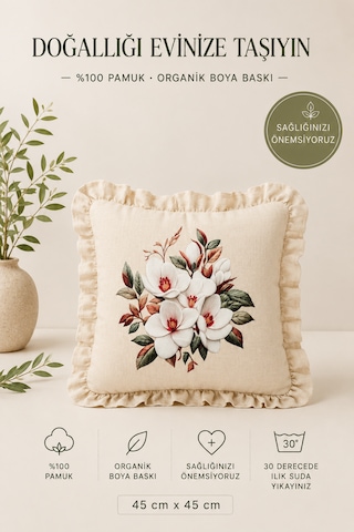 2'li Fırfırlı Manolya Çiçek Desenli Dekoratif Kırlent Kılıfı %100 Pamuk Organik Boya Baskılı 45x45 Cm Çok Renkli