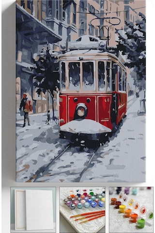 Sayılarla Boyama Seti Numaralı Tuval Fırça Boya Askı Aparatı Dahil Set 40x50 Cm - Karlı Tranvay