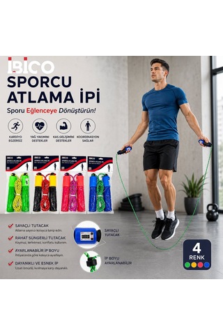 İbico İ19-018 Atlama İpi Sayaçlı Renkli İp Süngerli Renkli Plastik Tutacak - 12'li Paket