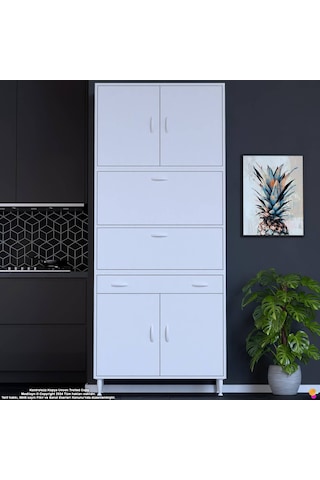 Modilayn Ece Kapaklı Çekmeceli Çok Amaçlı Kiler Dolabı - Mutfak Ve Kahve Köşesi 90 Cm Beyaz
