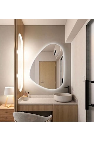 55x77 Cm Modern Asimetrik Led Banyo Aynası Dokunmatik Sensörlü, Dimmerli, 6500k Beyaz Işık Beyaz