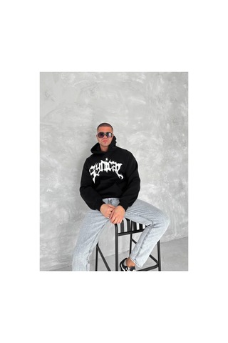 Butik İstanbul Unisex Üç İplik Kapşonlu Baskılı Sweatshirt - Siyah