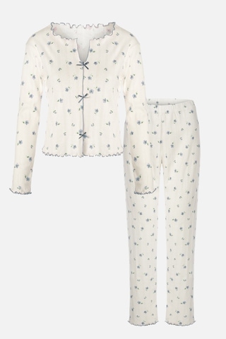 Kadın Pamuklu Çıtır Çiçek Desenli Baby Overloklu Fiyonk Detaylı Uzun Kollu Pijama Takımı Ko70142-3