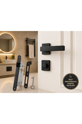 Kare Rozetli Wc Banyo Kapı Kolu Tam Set Mat Siyah 40 Mm Sessiz Kilitli Alüminyum Kol