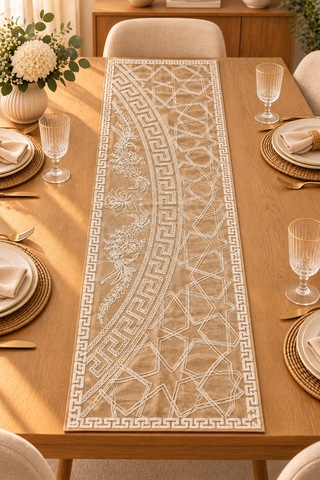 Nakışlı Geometrik Desenli Dekoratif Runner Masa Örtüsü 45x120 Cm Bej