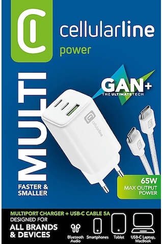 Cellularline Multipower 100 CM 5A Dayanıklı Örgü Usb-C Kablo + 65 W Gan 3 Port Adaptör Beyaz