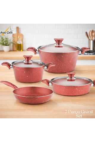7 Parça Granit Set Cam Kapak - Kırmızı Kırmızı
