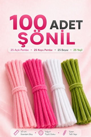 100 Adet Şönil Tel 30 Cm Pembe Beyaz Yeşil Tüylü Hobi Teli El İşi Ve Dıy Çiçek Yapımı