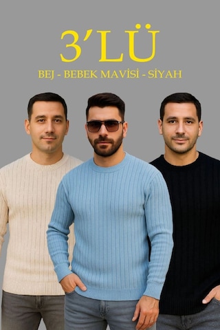 Butik İstanbul Erkek Fitilli Triko Kazak 3 Lü Set Bej, Bebek Mavisi, Siyahkalın Dokuma Pamuklu Regular Fit Bisiklet Yaka Uzun Kollu Kışlık Ve Baharlık Rahat Triko Kombini Siyah - Bebek Mavisi - Bej