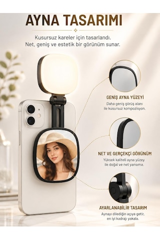 Magsafe Uyumlu Aynalı Selfie Işığı 3 Renk Modlu, Ayarlanabilir Parlaklık, Katlanabilir & Taşınabilir Telefon Işığı