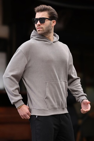 Madmext Gri Kapüşonlu Cep Detaylı Dokulu Sweatshirt E7101 Gri
