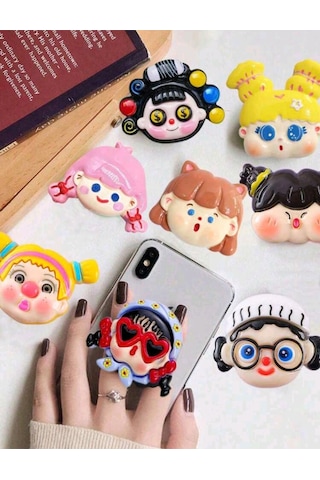 Sevimli Koca Kafa Bebek Şeklinde Telefon Standı, Kendinden Yapışkanlı Telefon Tutucu Siyah