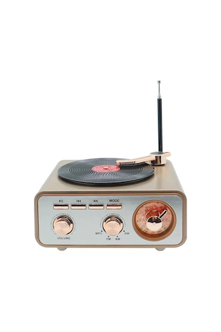 Metalik Nostaljik Tasarım Plak Çalar Görünümlü Radyolu Hoparlör Müzik Plak - 100
