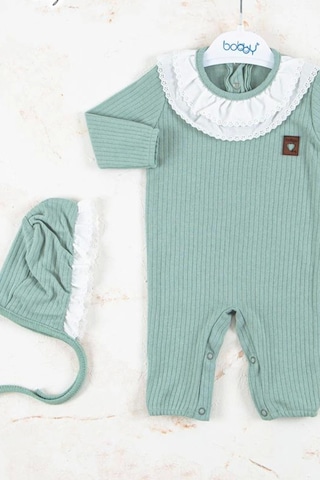 Baby Donat Brode Nakışlı Şapkalı % 100 Pamuk Kız Bebek Tulumu Yeşil