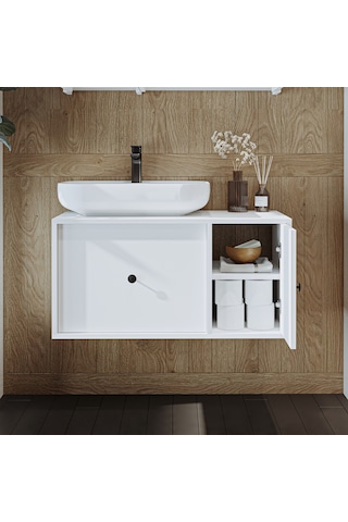 Gusto Ayaksız Oval Lavabolu Mdf 90 Cm Çekmeceli Banyo Dolap Beyaz Mat Beyaz