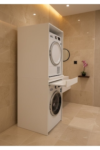 Altay Çamaşır Makinesı Ve Kurutma Makinesi Dolabı Çekmeceli Banyo Dolabı Beyaz Beyaz