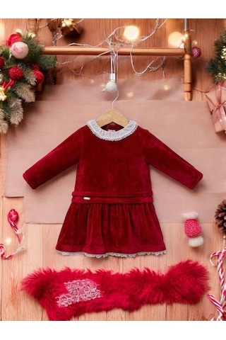 Cantoy Kız Bebek Kırmızı Kadife Tasarım Elbise-15216 Kırmızı
