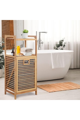 2 Organizer Raflı Ahşap Bambu Çek-aç Kirli Sepeti Ahşap