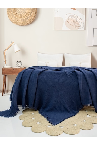 4 Katlı Müslin Yatak Örtüsü - Lacivert Renk Çift Kişilik Pike Lacivert