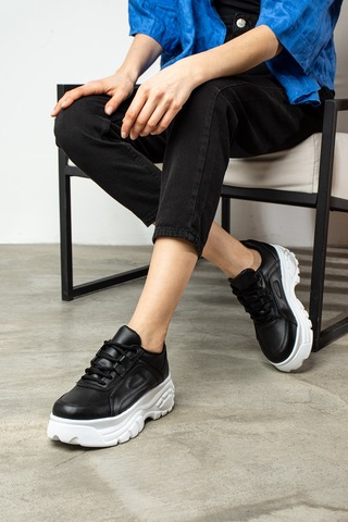 Günlük Kadın Spor Ayakkabı Yüksek Kalın Taban 6 Cm Suni Deri Sneaker 001 Siyah - Beyaz