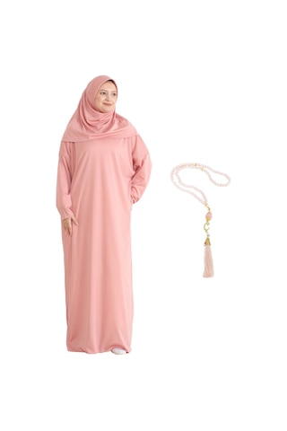 Zarif Namaz Elbisesi Ve Türban Tesbih Set Tesettür Şal Müslüman Kıyafetleri Abaya - Siyah Pudra