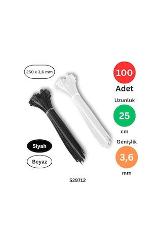 Plastik Kablo Bağı 250 Mm X 3.6 Mm, Siyah Ve Beyaz, Toplam 100 Adet Set