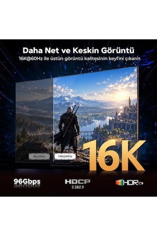 Lexroo Hdmı 2.2 Kablo 16k 96gbps, 16k 60hz, 8k 240hz, Hdmı 2.2, Alüminyum Gövde - 2 Metre