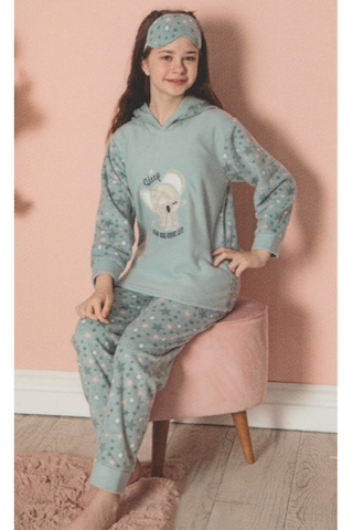 Tarık Kız Çocuk Uzun Kollu Kapşonlu Polar Kışlık Pijama Takımı Turkuaz