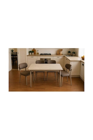 Tool Aksesuar T-6001 Traverten 70x120 Mdf Polo Kahverengi Sandalye 4 Kişilik Yemek Masası Takımı