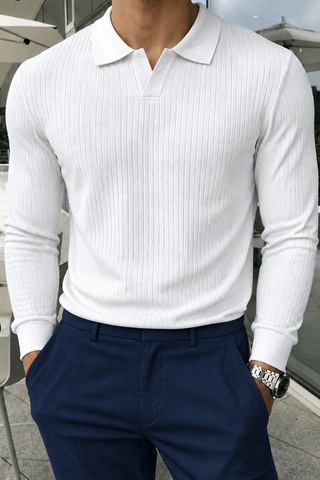 Genius Store Erkek Polo Yaka Kazak Fitilli Anti Pilling Tüylenme Yapmaz Regular Fit Erkek Triko Kazak Pyaka-kzk Beyaz